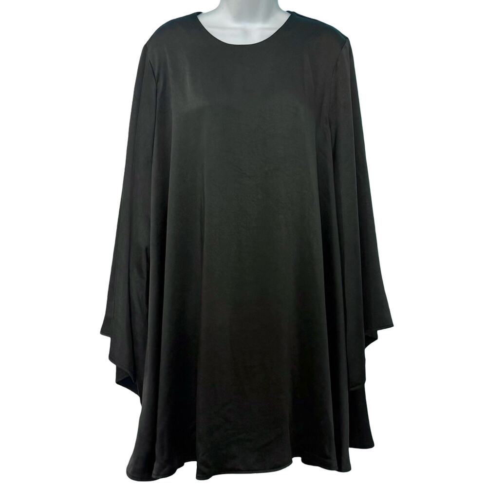 Flounce London ASOS Black Satin Round Neck Bell Sleeve Mini Dress Tunic size 18